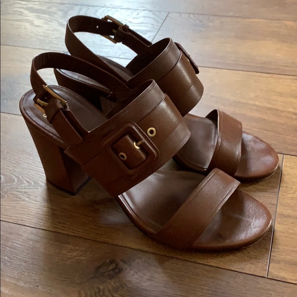 Cole Haan brown leather open toe wedge heels